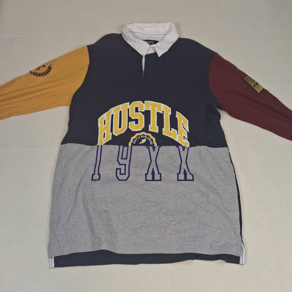Rue21‎ Rugby Shirt Mens Medium Multicolor Hustle 19XX Colorblock Long Sleeve